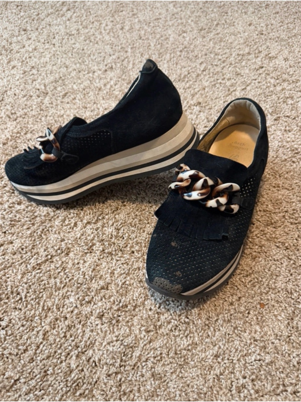 Black Platform Slip-On Women's Loafers with Chain Accent